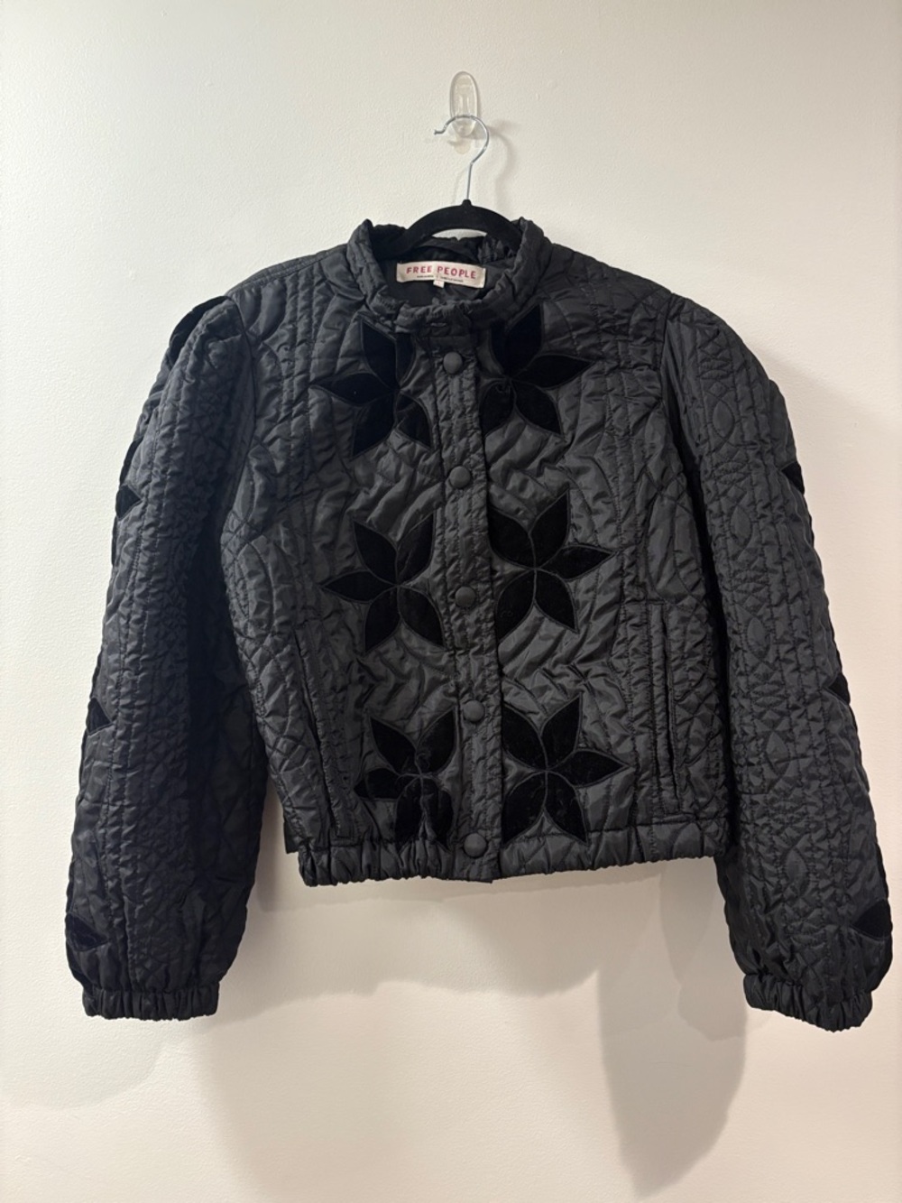 Free People | Black Quilted Jacket with Velvet Floral‎ Appliqués